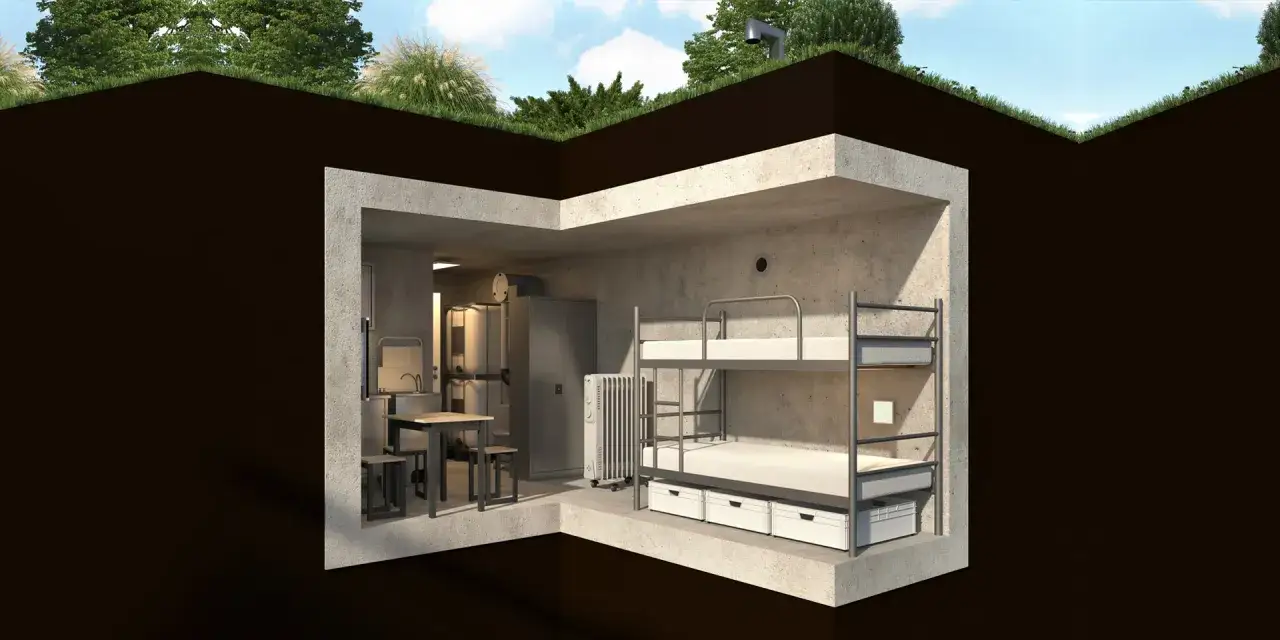 Przekr&oacute;j schronu: ł&oacute;żka piętrowe, st&oacute;ł, szafa, grzejnik. Pokazuje, jak zbudować schron, zapewniając podstawowe wygody.