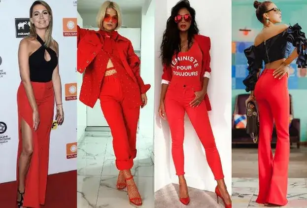 czerwone spodnie stylizacje odważne color blocking panterka paski