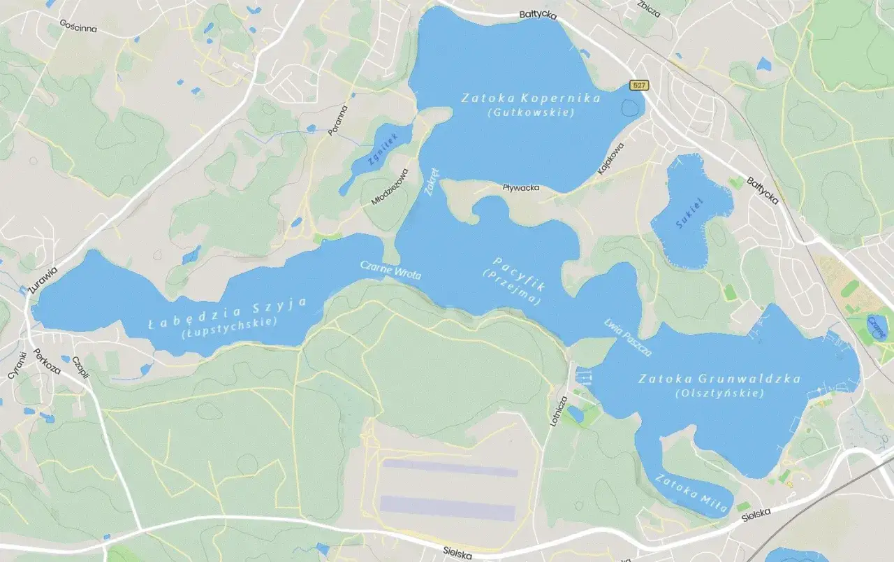 Mapa Olsztyna z jeziorami: Łabędzia Szyja, Zatoka Kopernika, Pacyfik, Sukiel, Zatoka Grunwaldzka. Ile jest jezior w Olsztynie? Na mapie widać co najmniej 5 dużych akwenów.