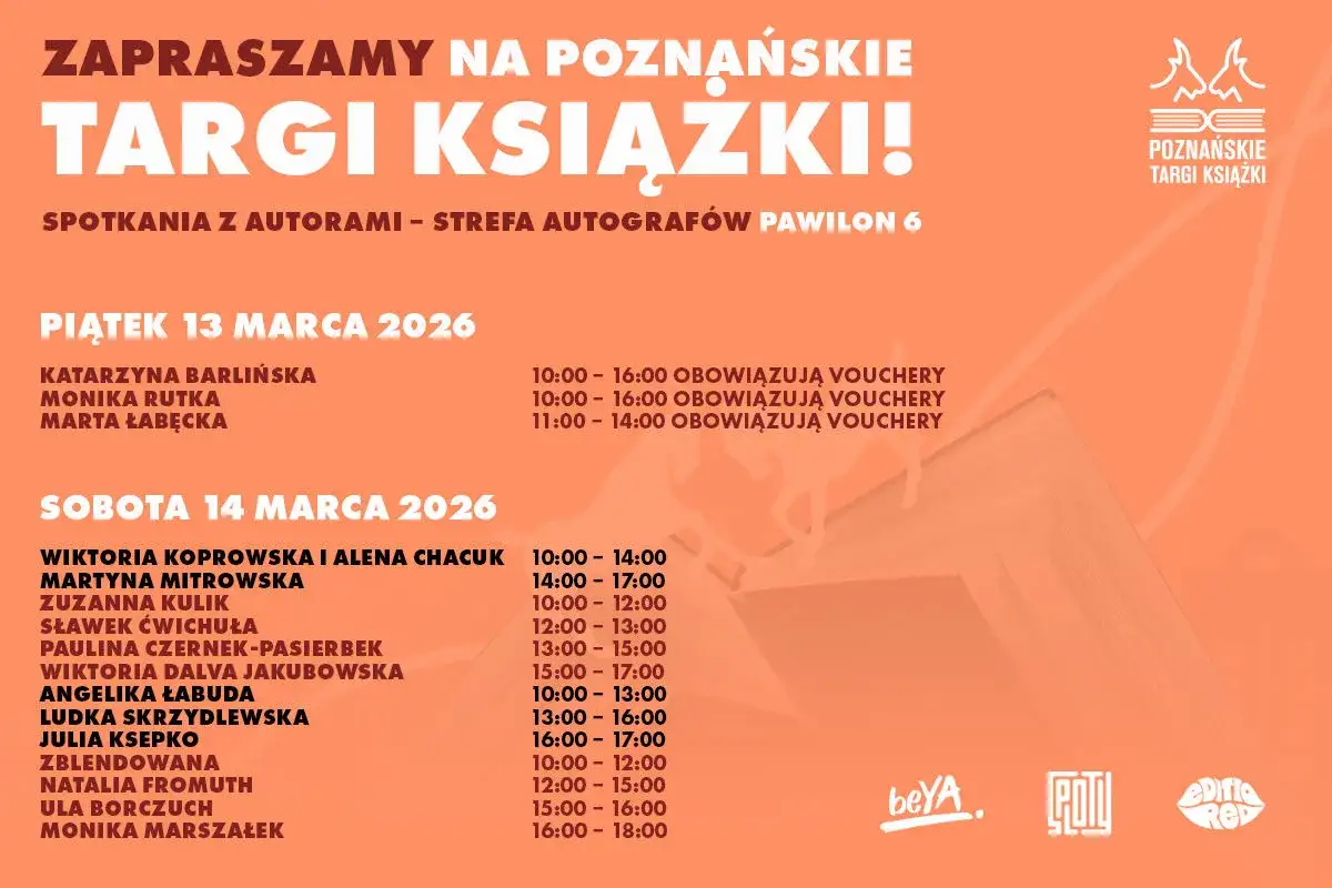 Zaproszenie na Poznańskie Targi Książki 13-14 marca 2026. Spotkania z autorami w Pawilonie 6.