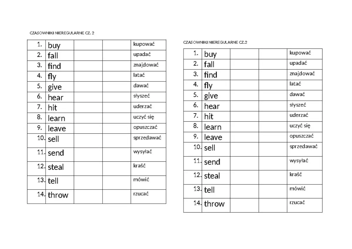 test z czasowników nieregularnych poziom początkujący