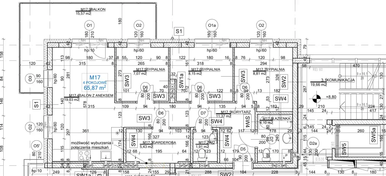 Rzut mieszkania w bloku: 4 pokoje, salon z aneksem, 3 sypialnie, garderoba, łazienka, komunikacja.
