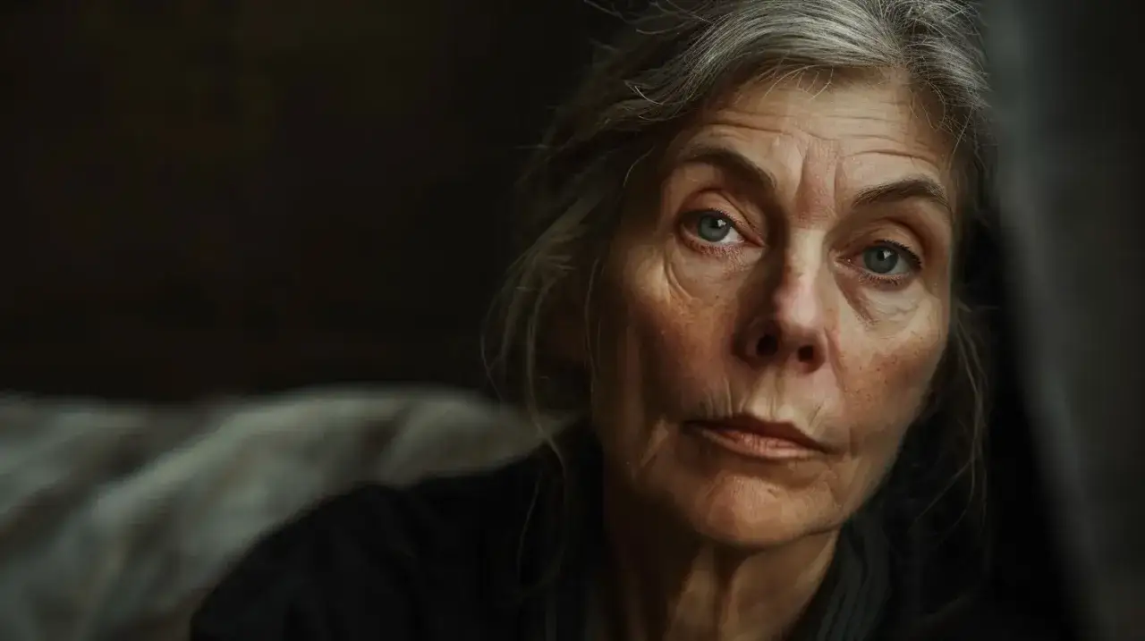 kobieta w średnim wieku zamyślona, objawy menopauzy