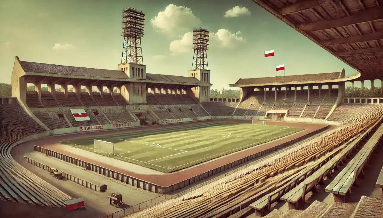 Stary stadion, świadectwo historii najstarszych klubów piłkarskich w Polsce. Dwie wieże oświetleniowe górują nad pustymi trybunami, na których powiewają biało-czerwone flagi.