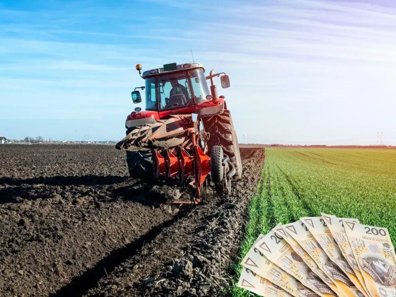 Czerwony traktor orze pole, a obok leżą banknoty 200 zł. Zastanawiasz się, ile wynosi emerytura rolnicza?