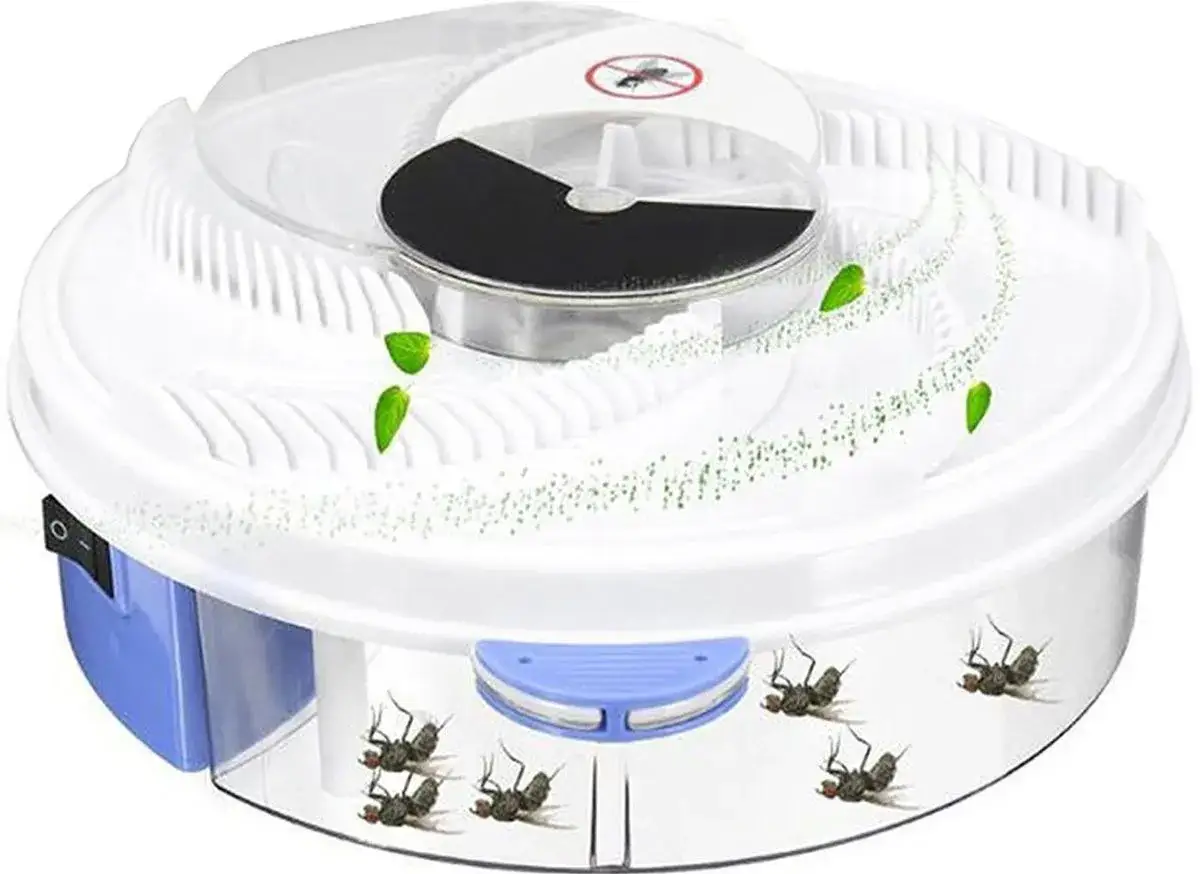 Elektryczna pułapka na muchy, kt&oacute;ra skutecznie je łapie. Widać kilka martwych owad&oacute;w w dolnej części urządzenia.