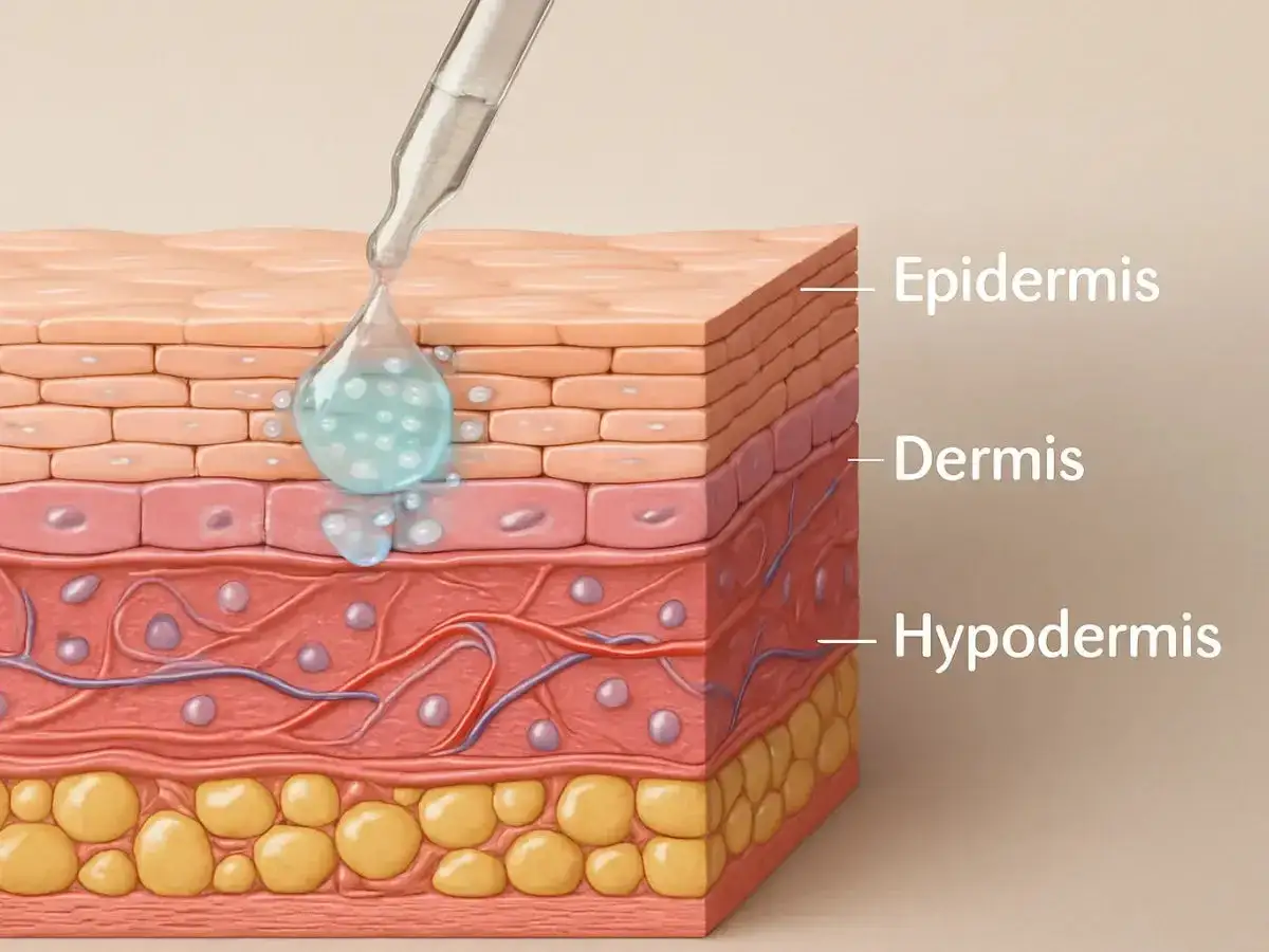 Kropla serum z NMF przenika przez naskórek, docierając do głębszych warstw skóry.