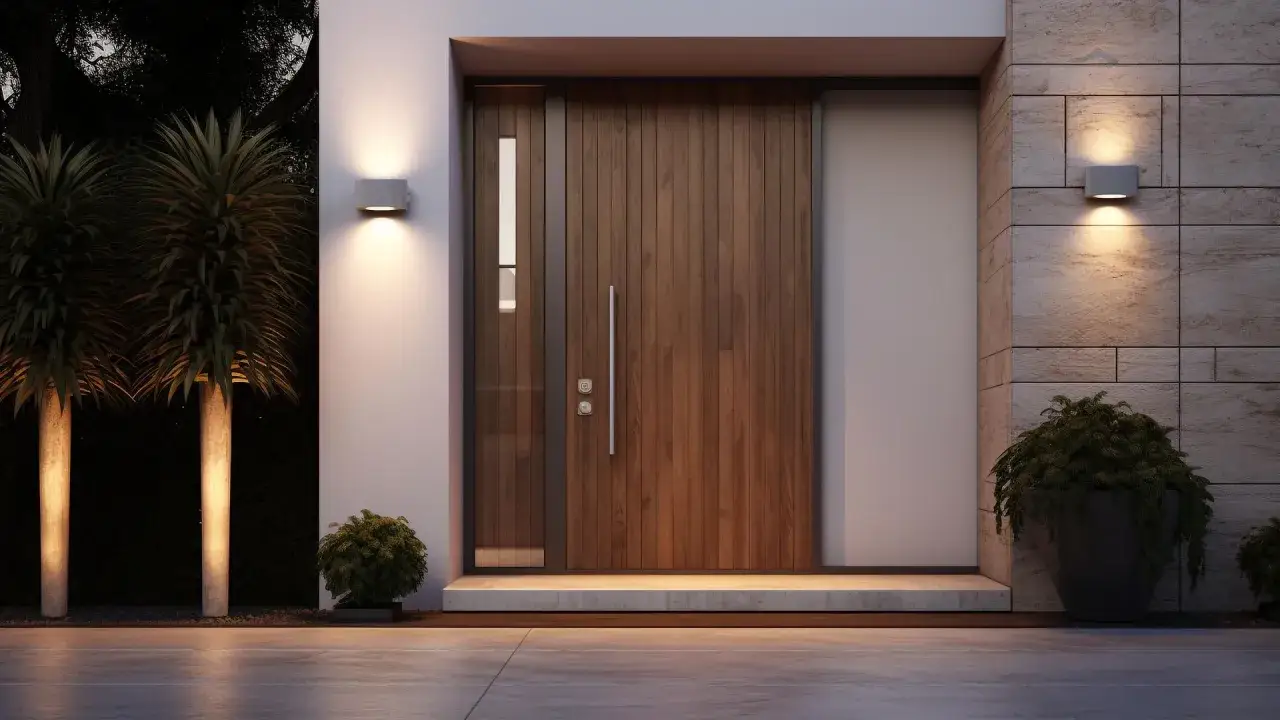 Nowoczesne, drewniane drzwi wejściowe z wąskim przeszkleniem i metalową klamką. Eleganckie uszczelnienie drzwi wejściowych podkreślone przez oświetlenie zewnętrzne.