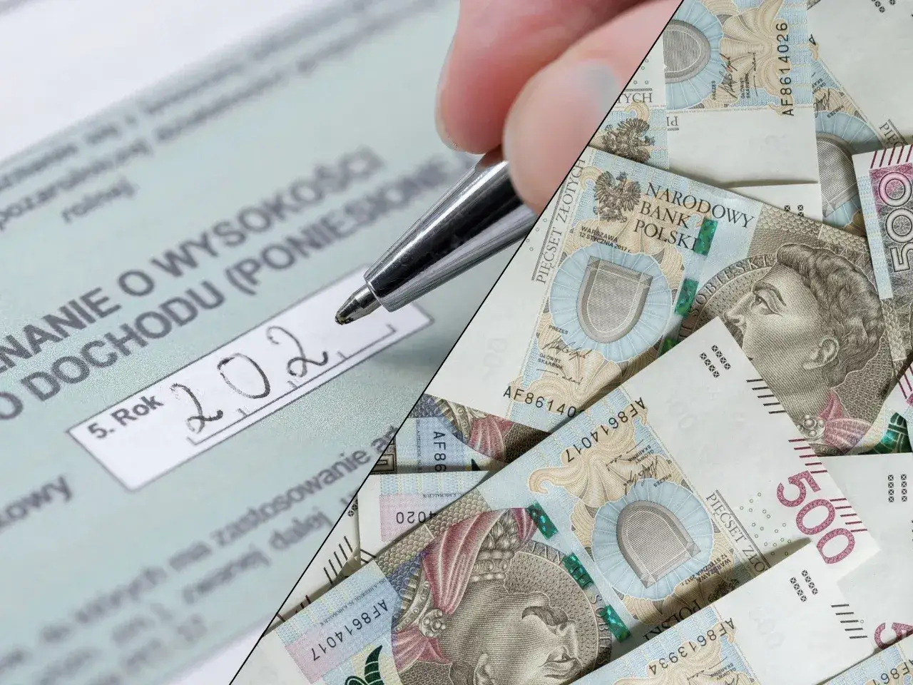 Pytanie: czy leki bez recepty można odliczyć od podatku? Na formularzu PIT wpisano rok 2022, a obok leżą polskie banknoty 500 zł.