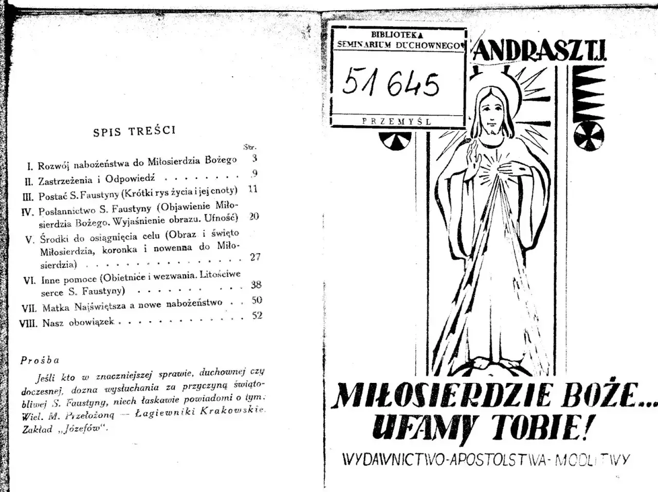 Ilustracja przedstawia Jezusa z otwartym sercem, symbolizującego miłosierdzie. Obok znajduje się spis treści książki o tematyce religijnej, w tym o koronka do Bożego miłosierdzia.