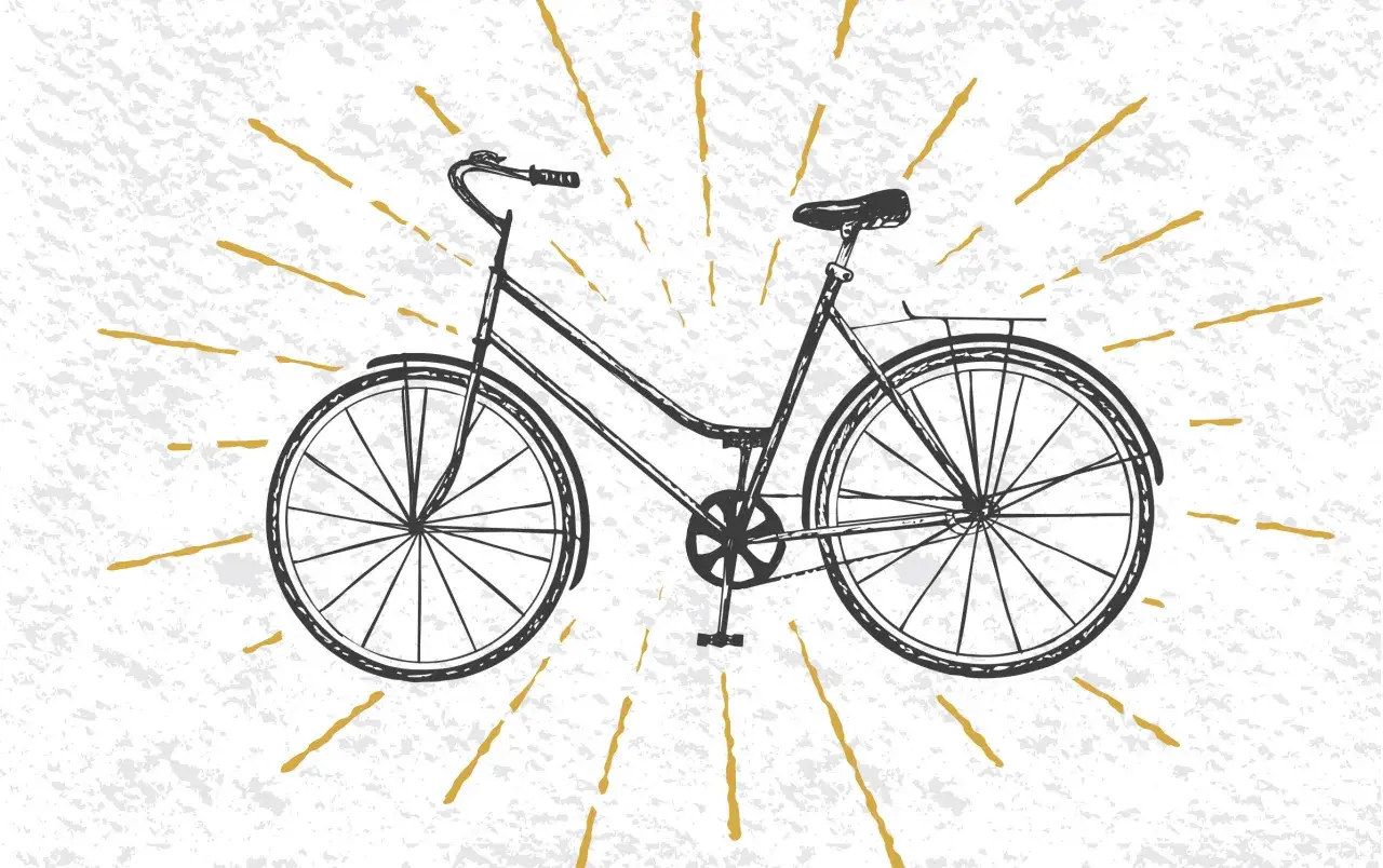 Stylizowany rysunek roweru, jakby pierwszy rower na świecie, z promieniami słońca.