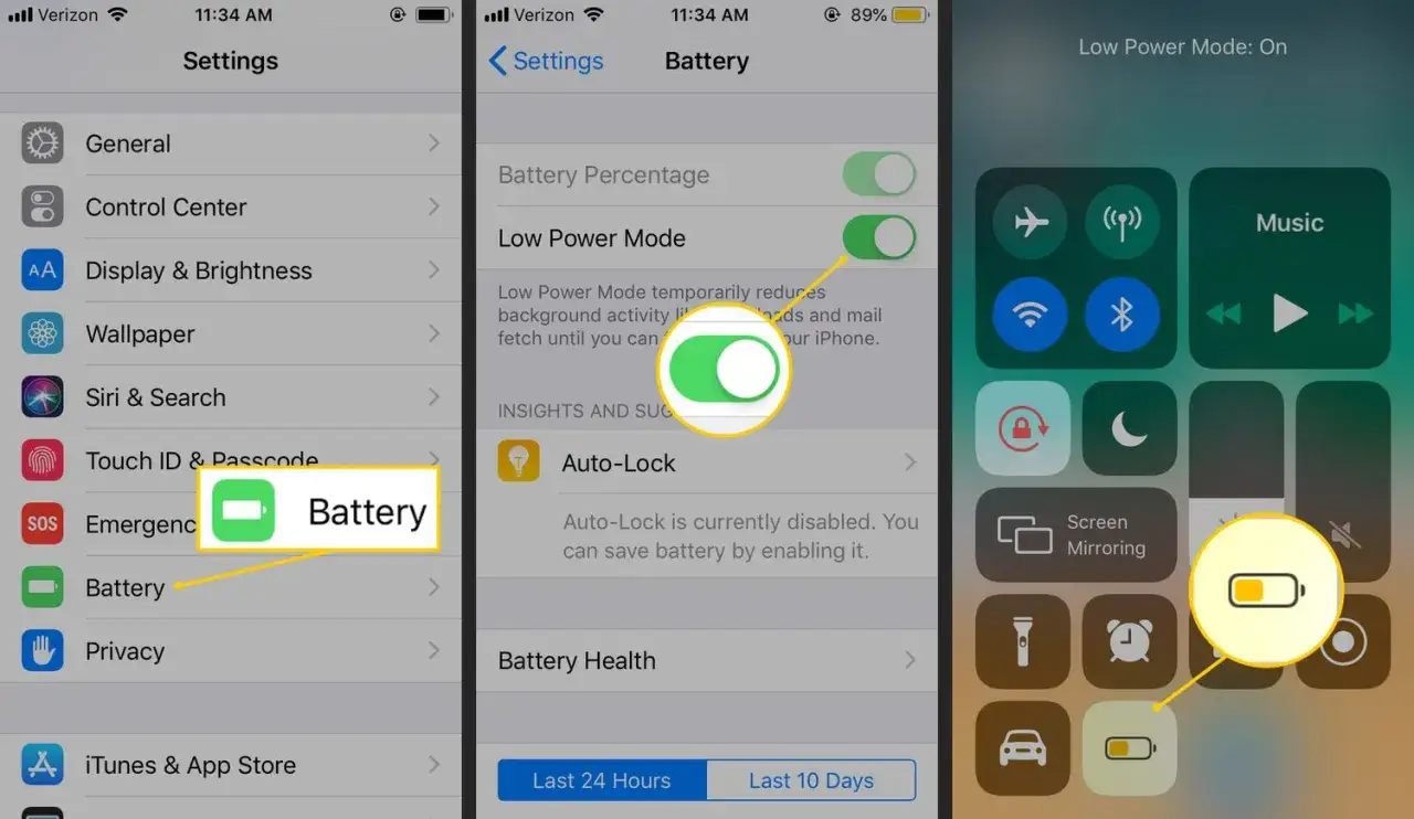 Czy tryb oszczędzania baterii niszczy baterię iPhone? Ekran pokazuje ustawienia baterii iPhone, w tym włączony tryb niskiego poboru mocy.