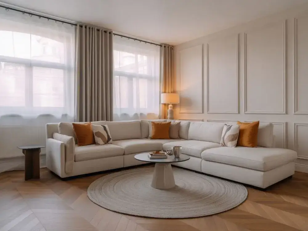 dywan w salonie z aneksem, dywan do narożnika, okrągły dywan w salonie