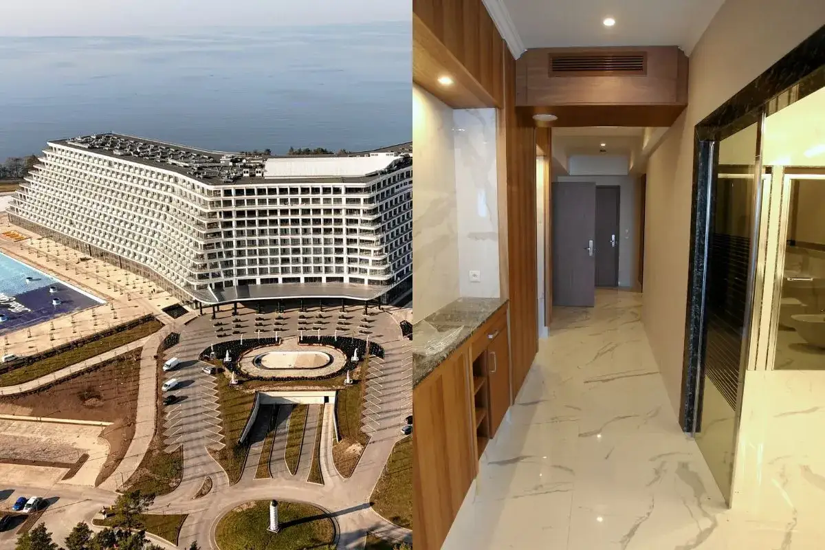 Widok z lotu ptaka na hotel Gołębiewski i wnętrze korytarza. Trudno określić, ile jest pokoi w hotelu Gołębiewskim.