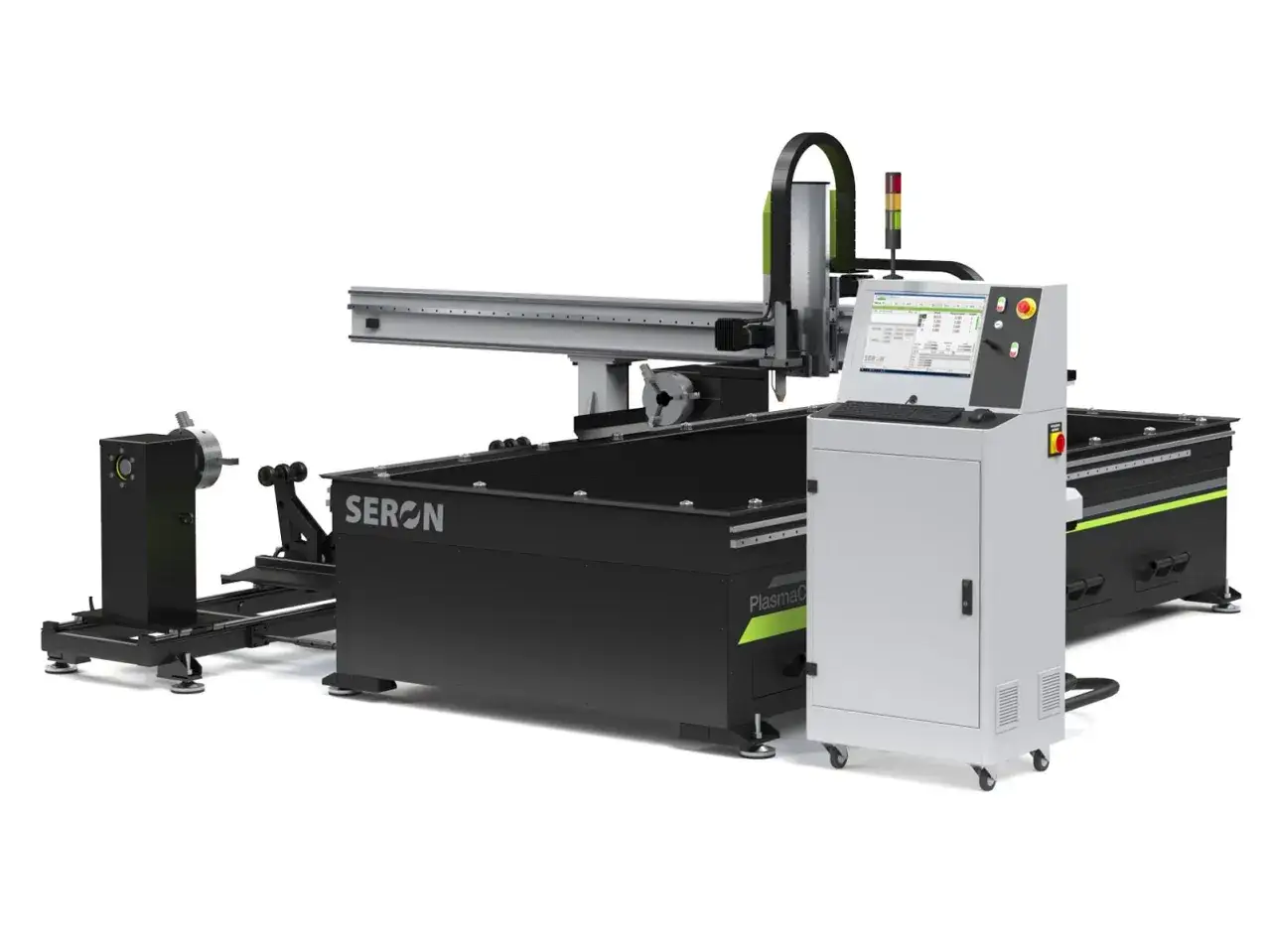Nowoczesna maszyna do cięcia plazmowego SERON z panelem sterowania i obrotnicą do cięcia rur.