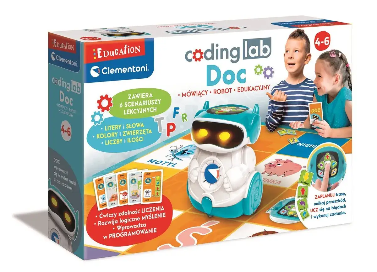 Zestaw Clementoni Coding Lab Doc: mówiący robot edukacyjny dla dzieci 4-6 lat. Uczy liczenia, logiki i podstaw programowania.