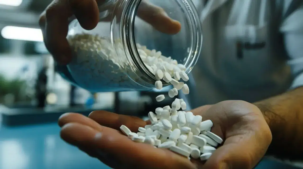 Ręka wsypuje białe tabletki, kt&oacute;re mogą być niesteroidowe leki przeciwzapalne, z słoika do dłoni.