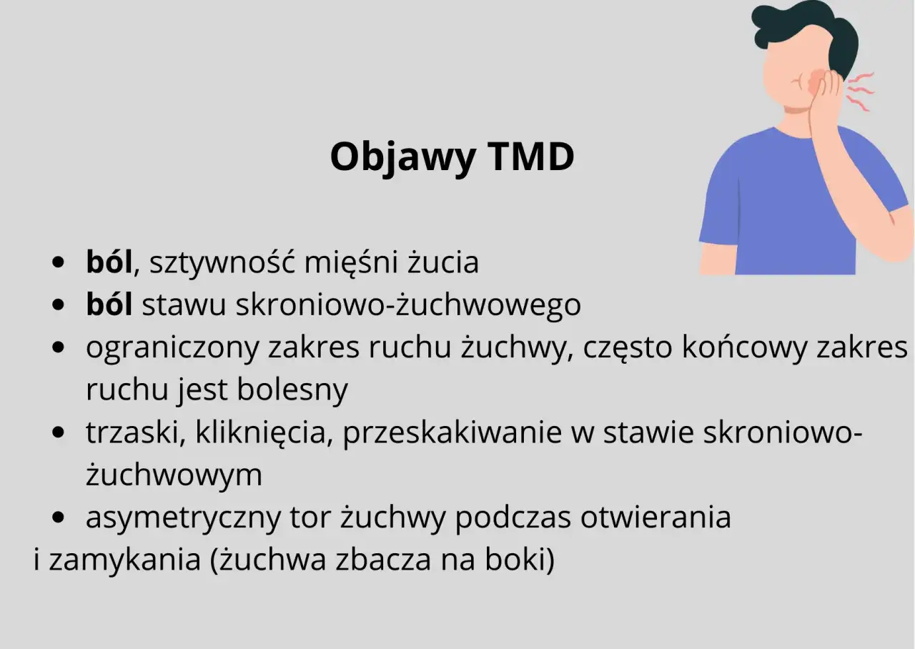 Objawy TMD: ból, sztywność mięśni żucia, ból stawu skroniowo-żuchwowego, ograniczenia ruchu, trzaski, przeskakiwanie.