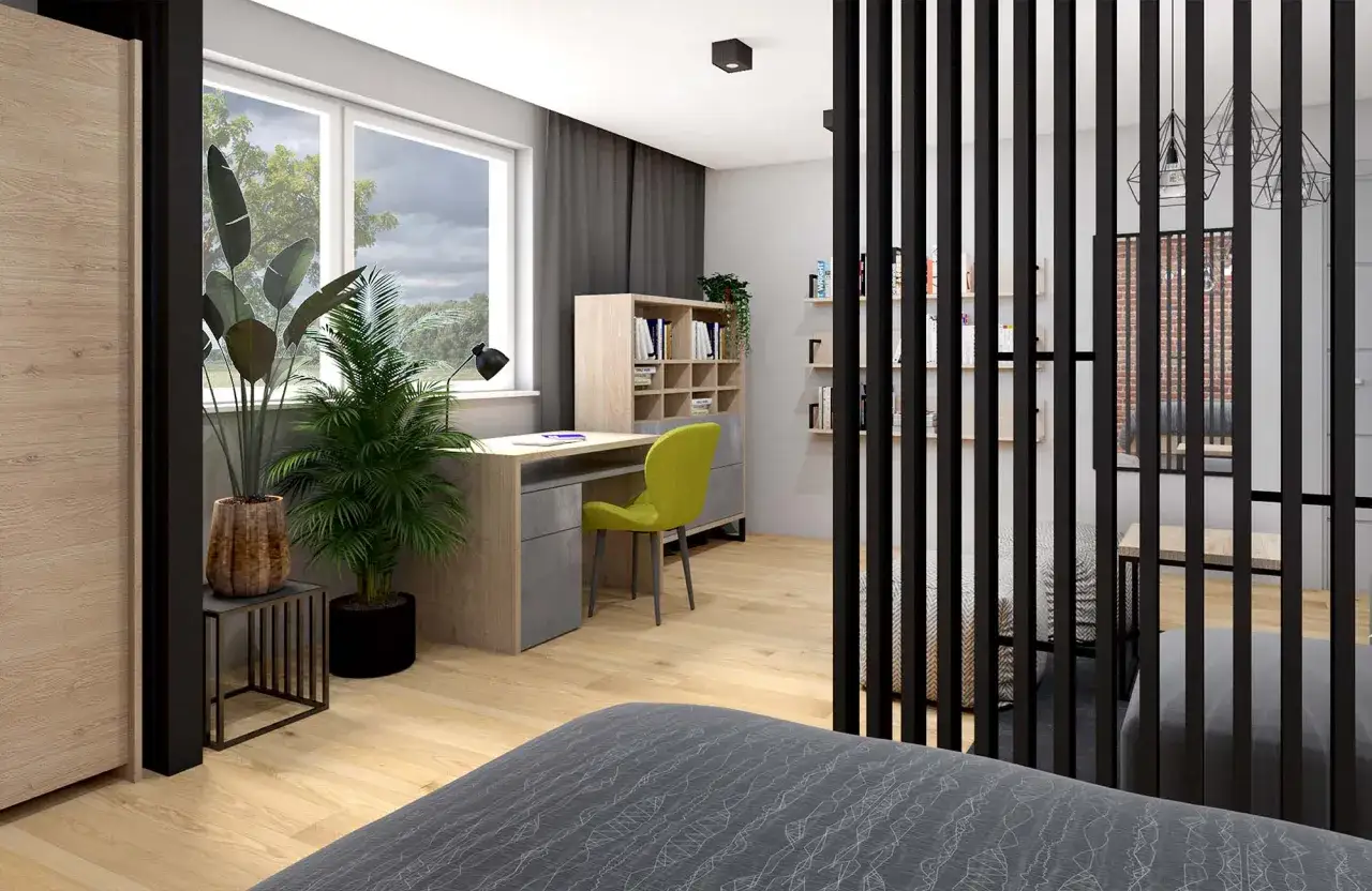 Nowoczesny pok&oacute;j nastolatk&oacute;w z biurkiem i regałem, podzielony ażurową ścianką. Inspiracja, jak podzielić pok&oacute;j nastolatk&oacute;w na strefy.