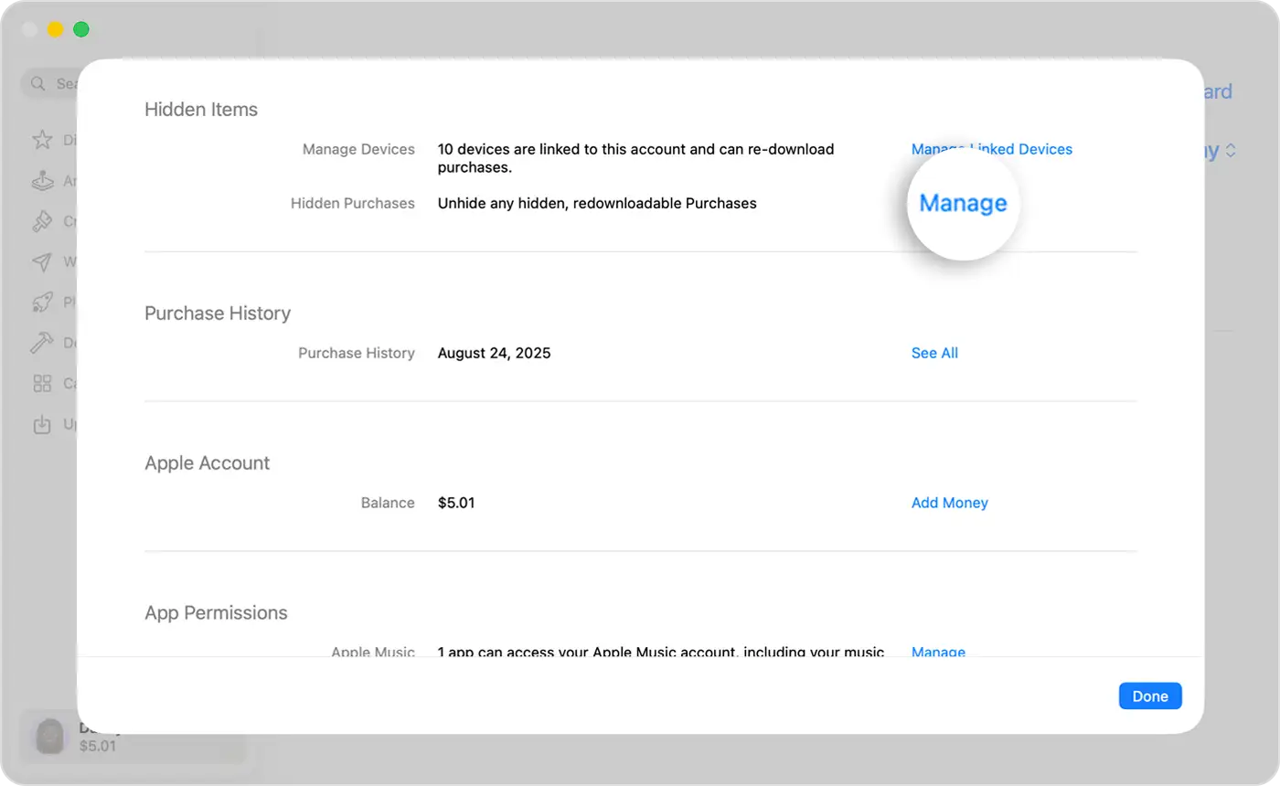 Zarządzaj zakupami i ukrytymi elementami, aby dowiedzieć się, jak usunąć płatne aplikacje z App Store.