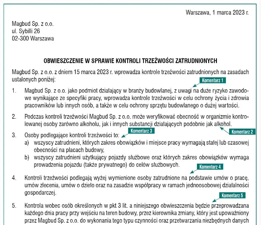 Przykładowy regulamin pracy kontrola trzeźwości