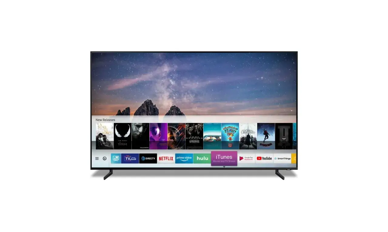 Nowy ekran Tizen TV z filmami i aplikacjami. Gwiaździste niebo w tle.