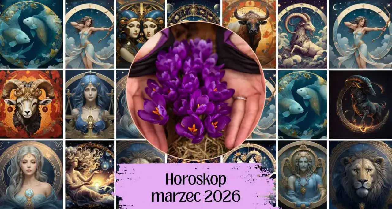 Horoskop Panna codzienny na marzec 2026. Wokół symboli zodiaku, dłonie trzymające fioletowe krokusy.