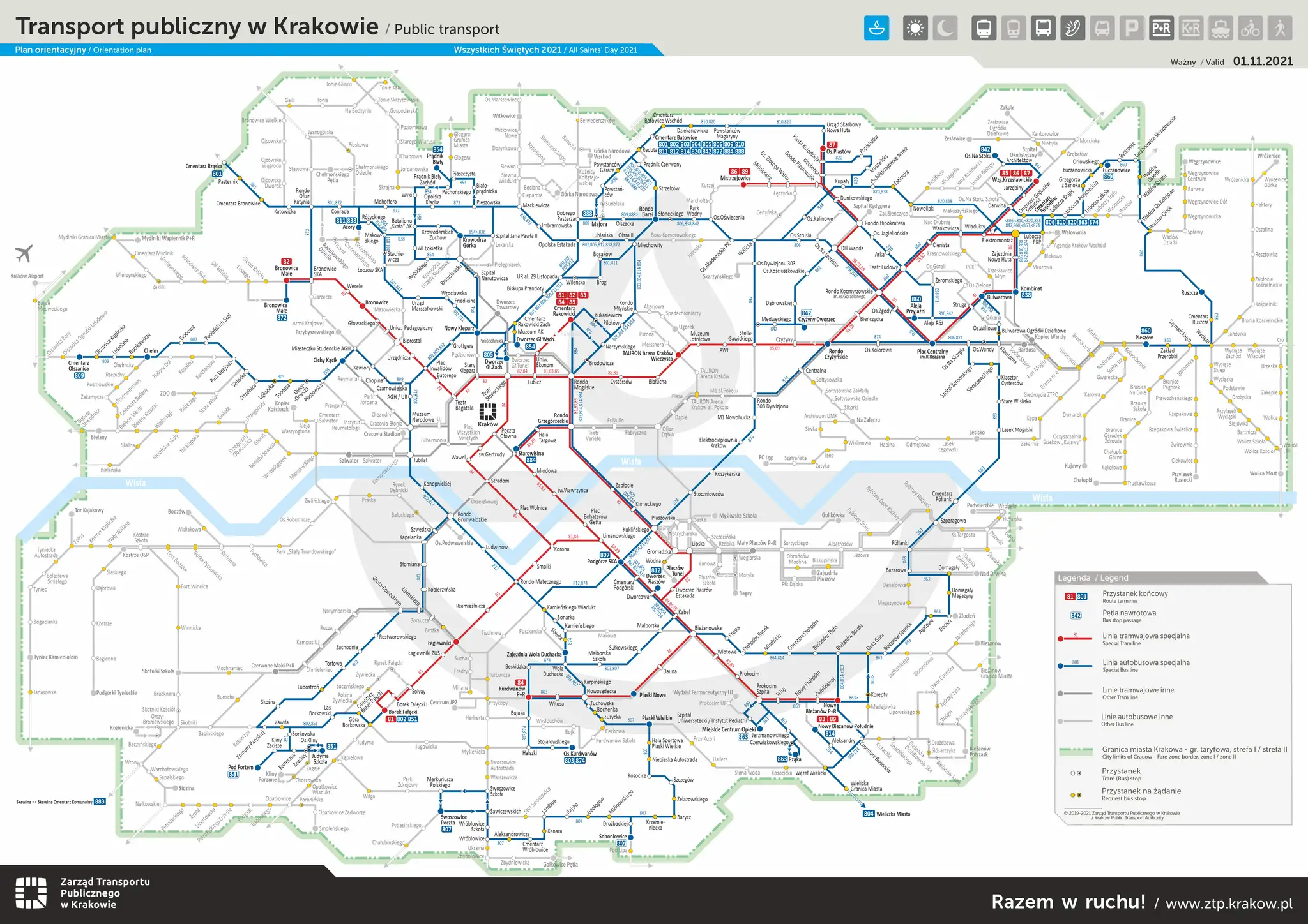 Mapa komunikacji miejskiej w Krakowie, z zaznaczonymi liniami autobusowymi i tramwajowymi, w tym trasą do Wieliczki. Rozkład jazdy busów do Wieliczki jest widoczny na mapie.