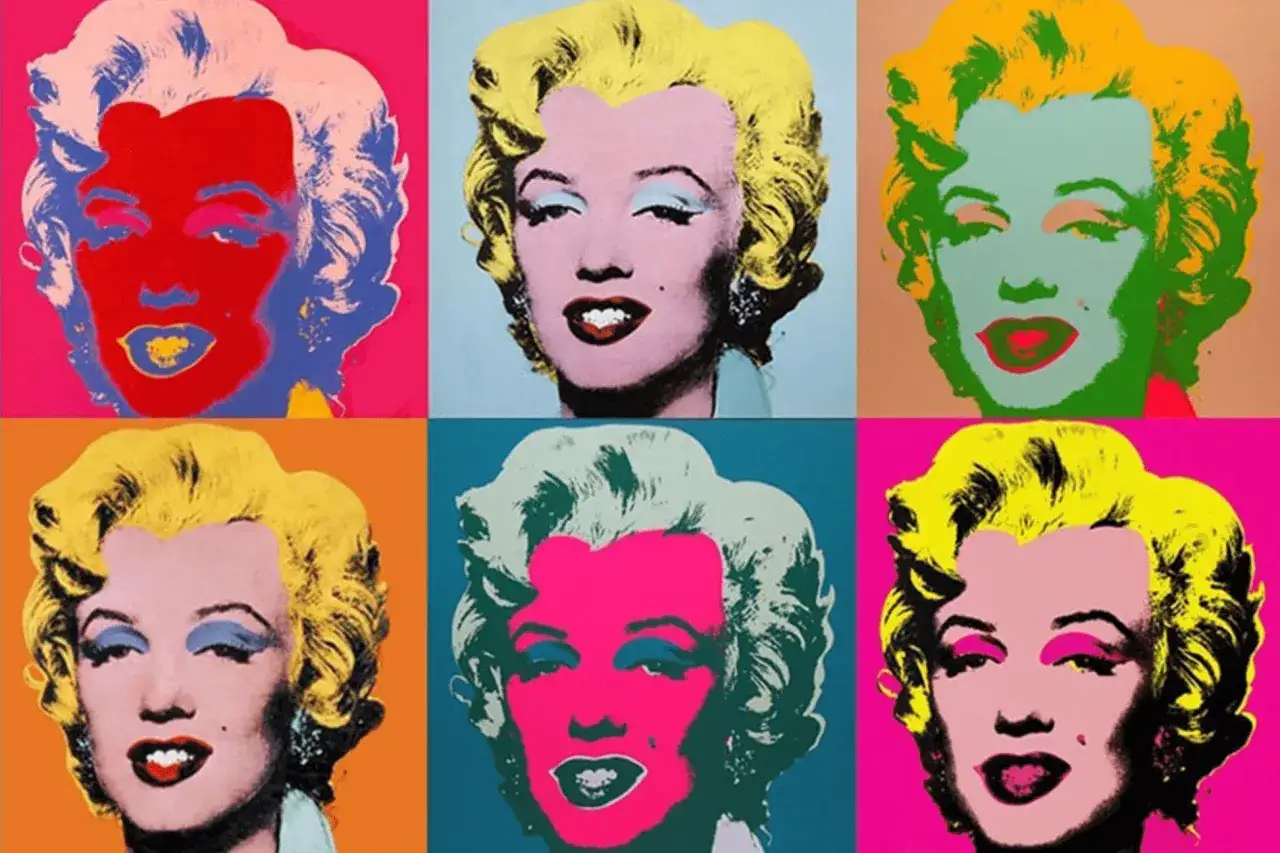 Sześć kolorowych portretów Marilyn Monroe w stylu pop art. To klasyczny przykład, co to pop art – powtarzalność i intensywne barwy.