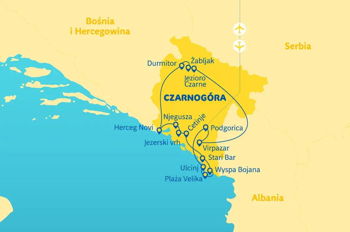 mapa trasy Polska Czarnog&oacute;ra noclegi rekomendacje