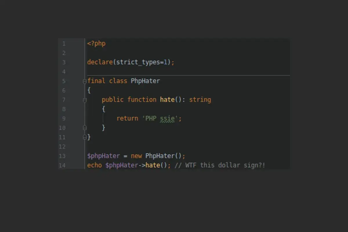 Kod w PHP: klasa `PhpHater` z metodą `hate()`, która zwraca 