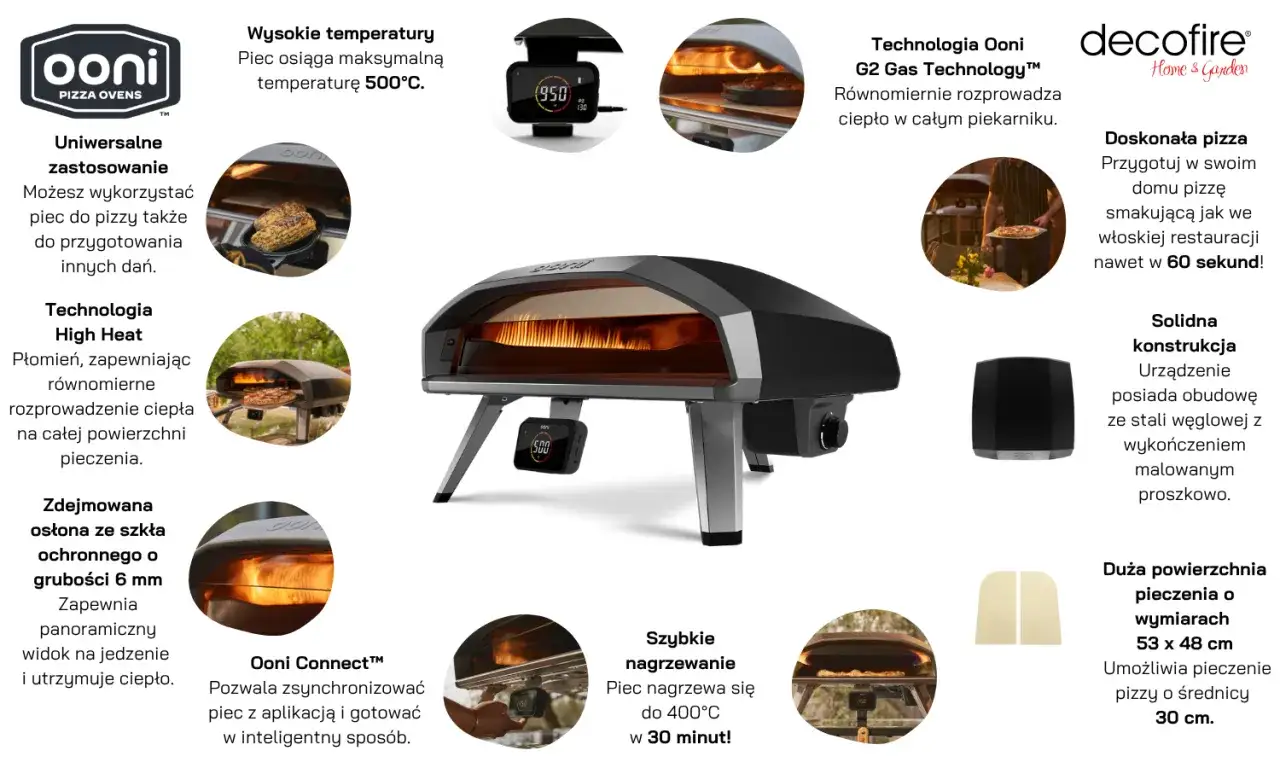 Nowoczesny piec do pizzy gazowy Ooni z technologią G2 Gas Technology, osiągający 500°C, idealny do szybkiego wypieku pizzy.