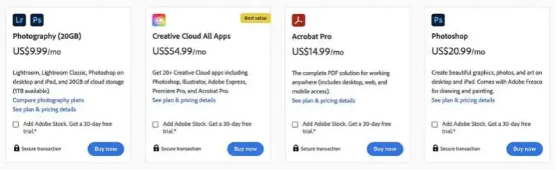 Adobe Photoshop plany subskrypcyjne por&oacute;wnanie
