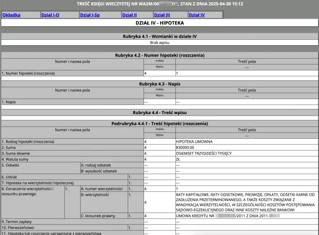 fragment księgi wieczystej dział IV hipoteka