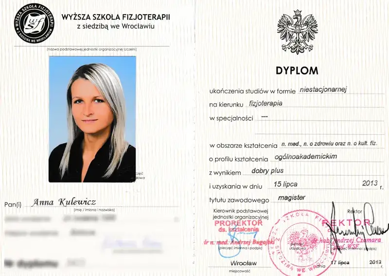 Dyplom ukończenia studi&oacute;w magisterskich z fizjoterapii