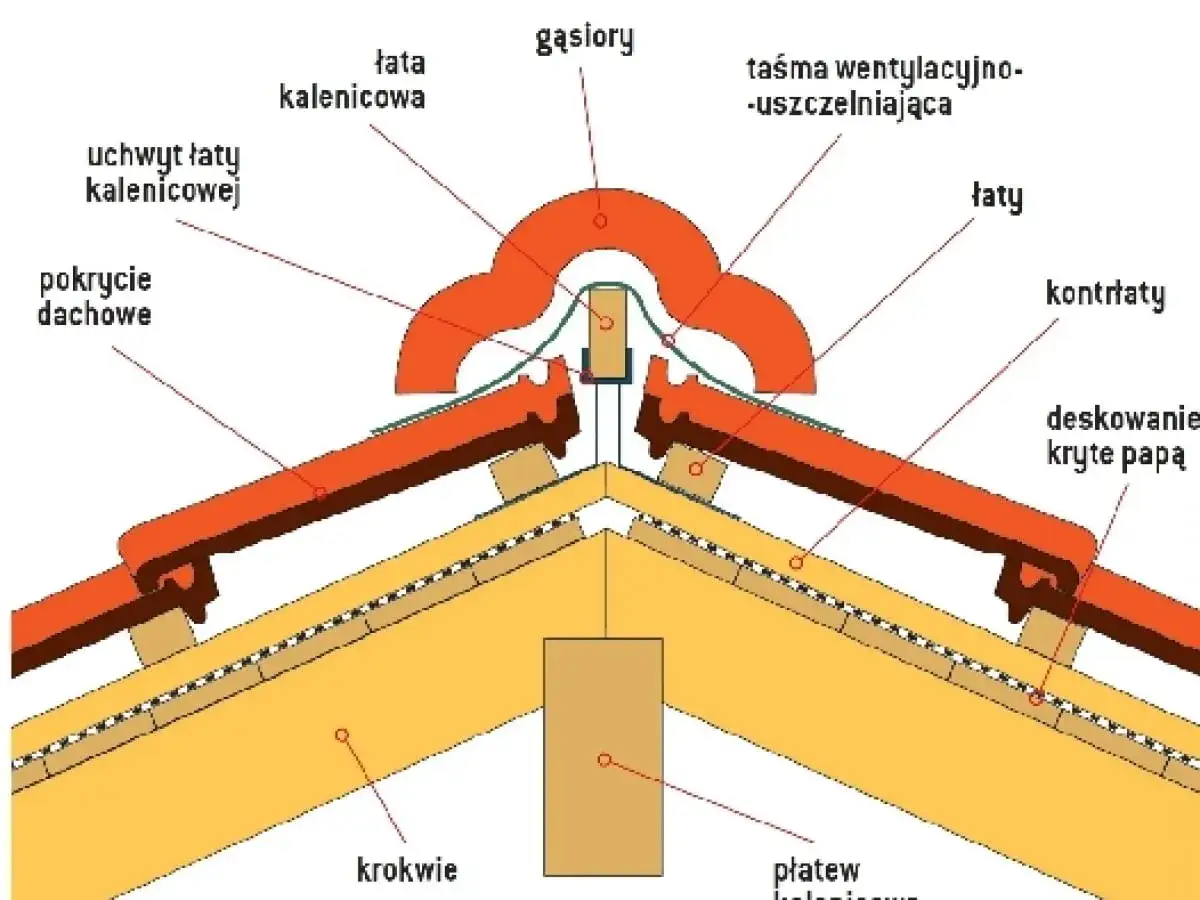 Schemat dachu pokazuje, co to jest kalenica &ndash; najwyższy grzbiet dachu, kryty specjalnymi dach&oacute;wkami i taśmą wentylacyjną.