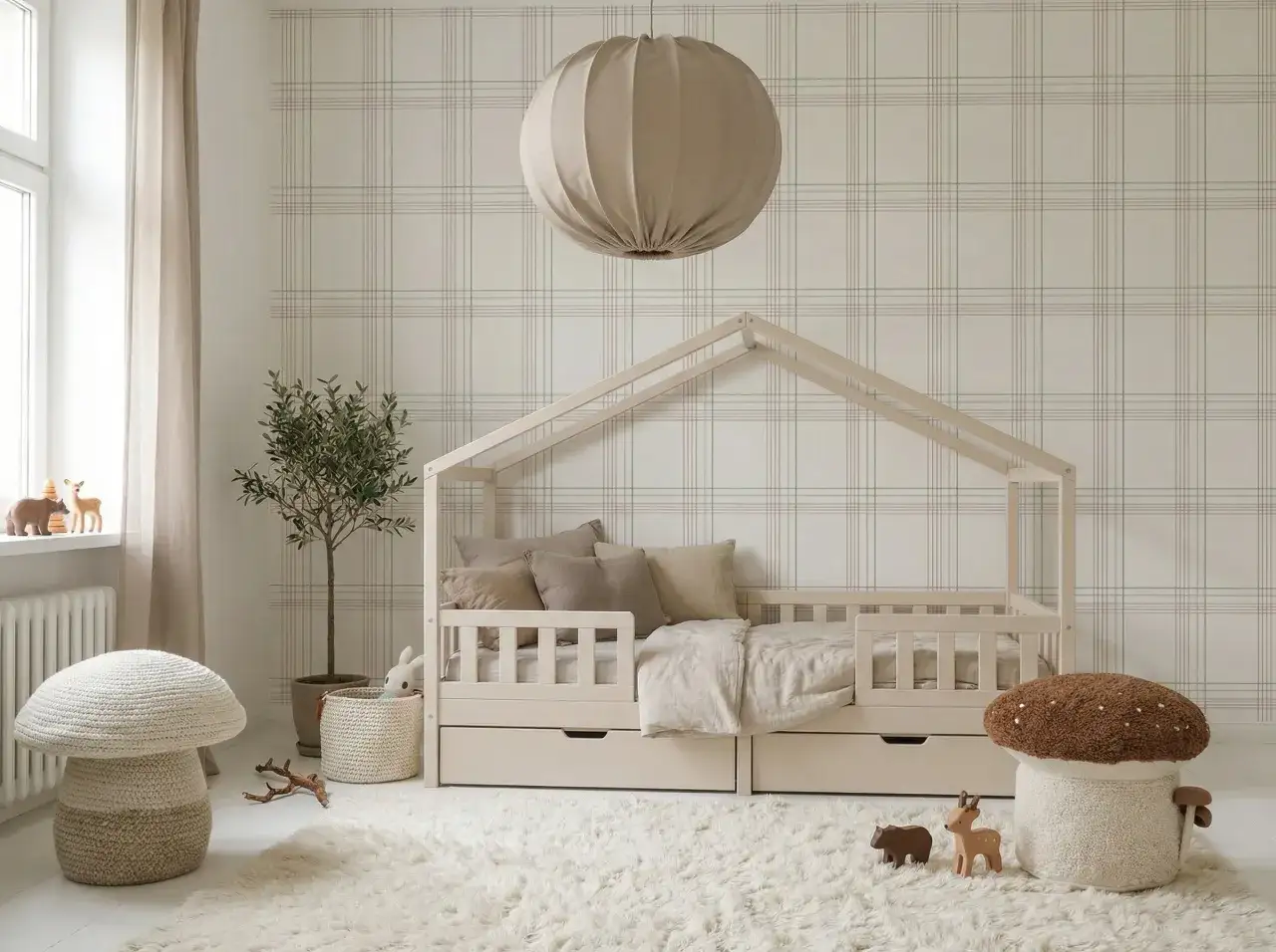 Pok&oacute;j dziecięcy z ł&oacute;żkiem w kształcie domku, miękkim dywanem i tapetą w delikatną kratkę.