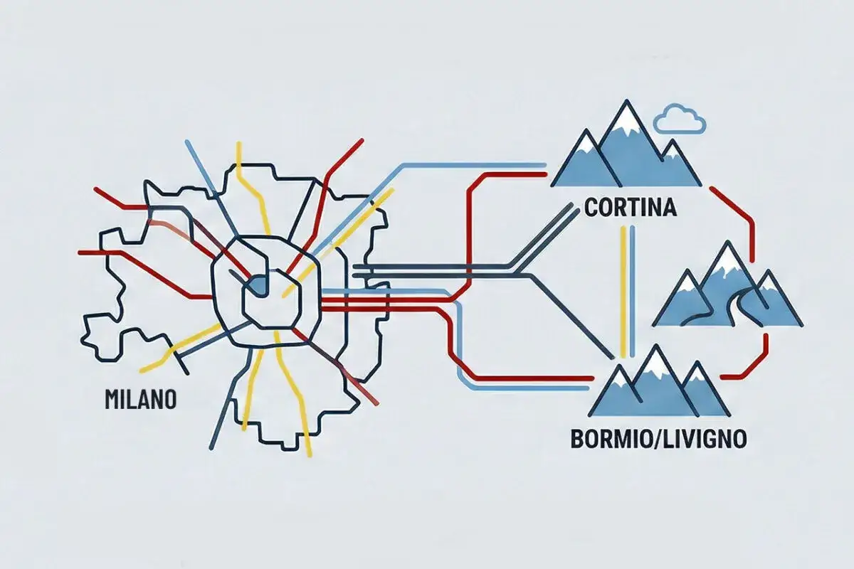 Schematyczne linie łączą Mediolan z g&oacute;rami Cortina i Bormio/Livigno, symbolizując mediolańską komunikację miejską i wyjazdy w Alpy.
