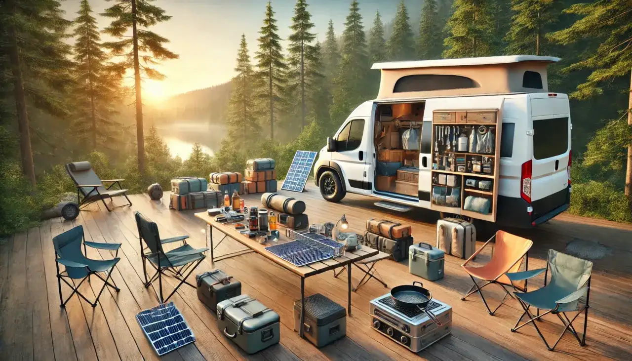 Wszystko, co zabrać do kampera: składane krzesła, panele słoneczne, lodówki turystyczne, kuchenka i bagaże, gotowe na przygodę w lesie.