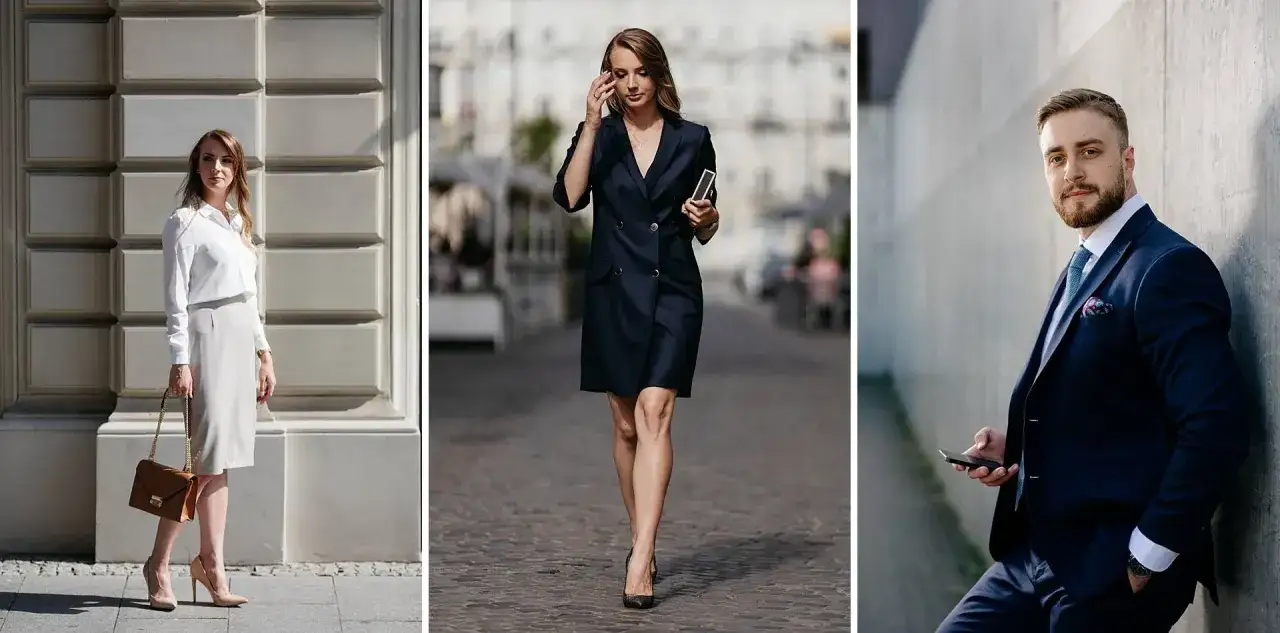 Elegancka sesja biznesowa w plenerze: kobieta w granatowej sukience i mężczyzna w garniturze, oboje z telefonami.