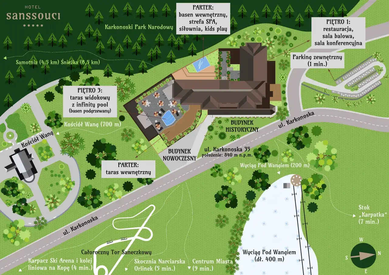 Mapa hotelu Sanssouci Karpacz z atrakcjami: basen, SPA, parking, wyciągi, stoki i bliskość Karkonoszy.