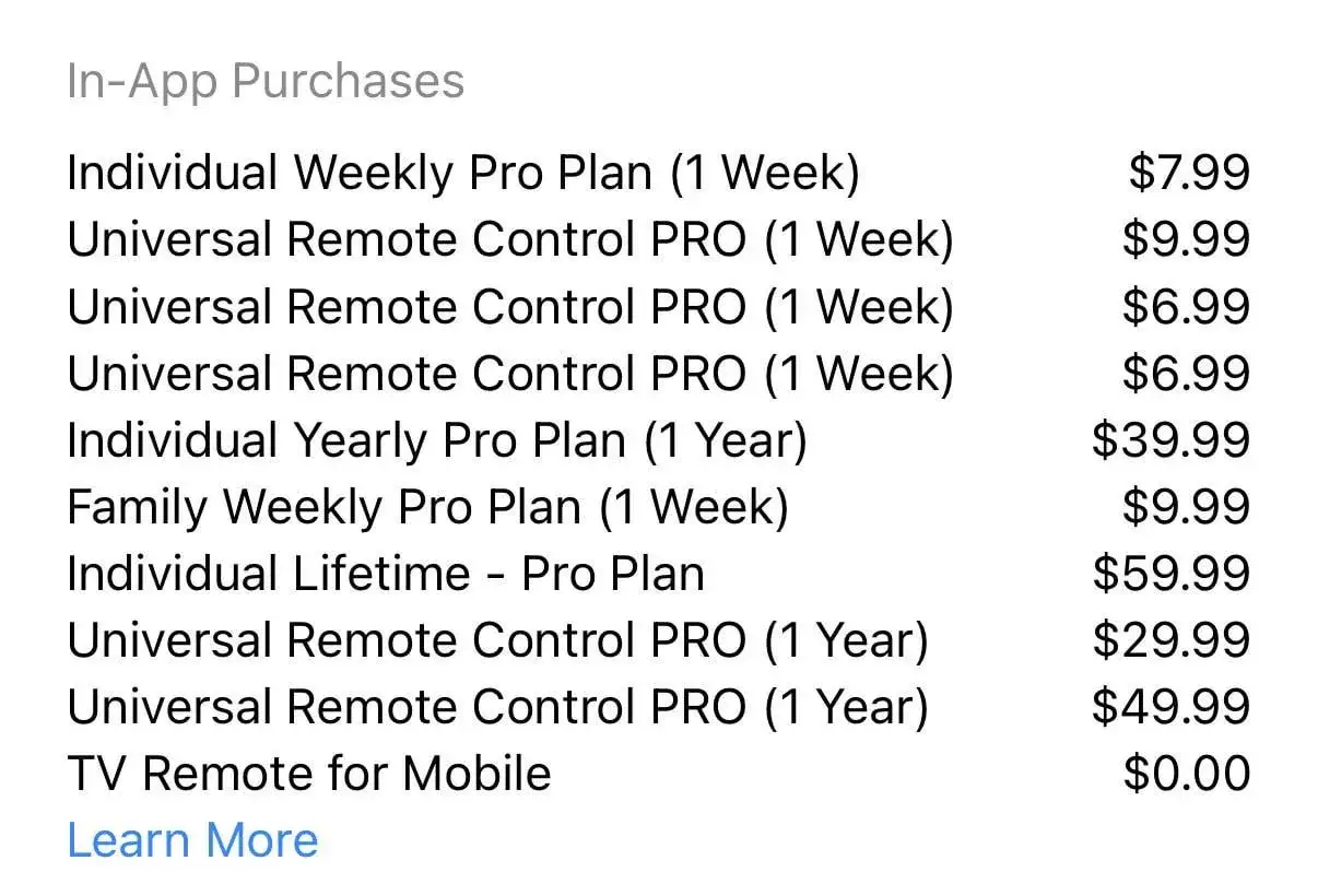 Lista zakup&oacute;w w aplikacji: plany Pro (tygodniowe, roczne, dożywotnie), piloty uniwersalne i TV. Sprawdź, jakie aplikacje są płatne na iPhone.