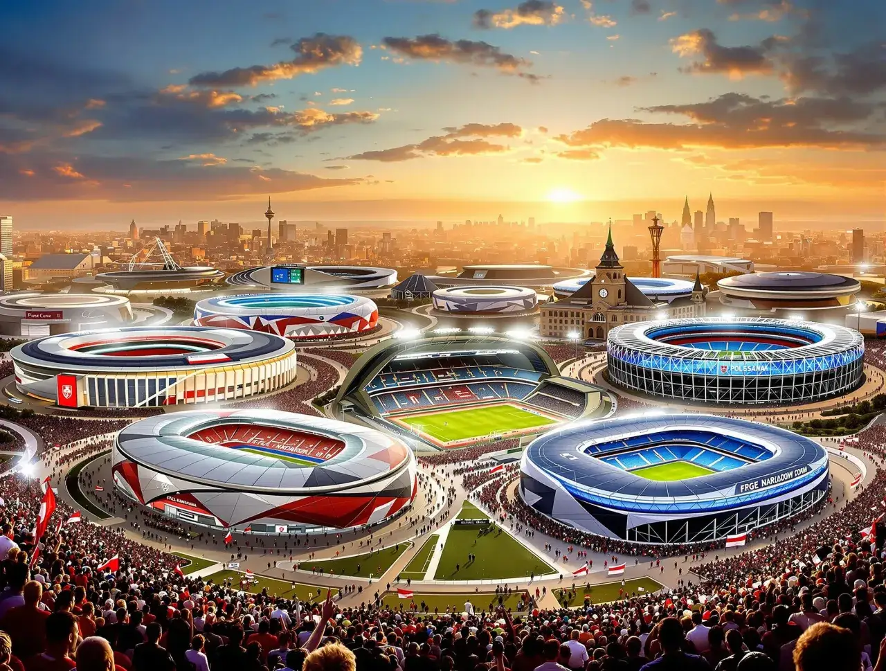 Wizja miasta z wieloma stadionami, gdzie rozgrywane są mecze najpopularniejszych klubów piłkarskich. Zachód słońca nad nowoczesną architekturą.