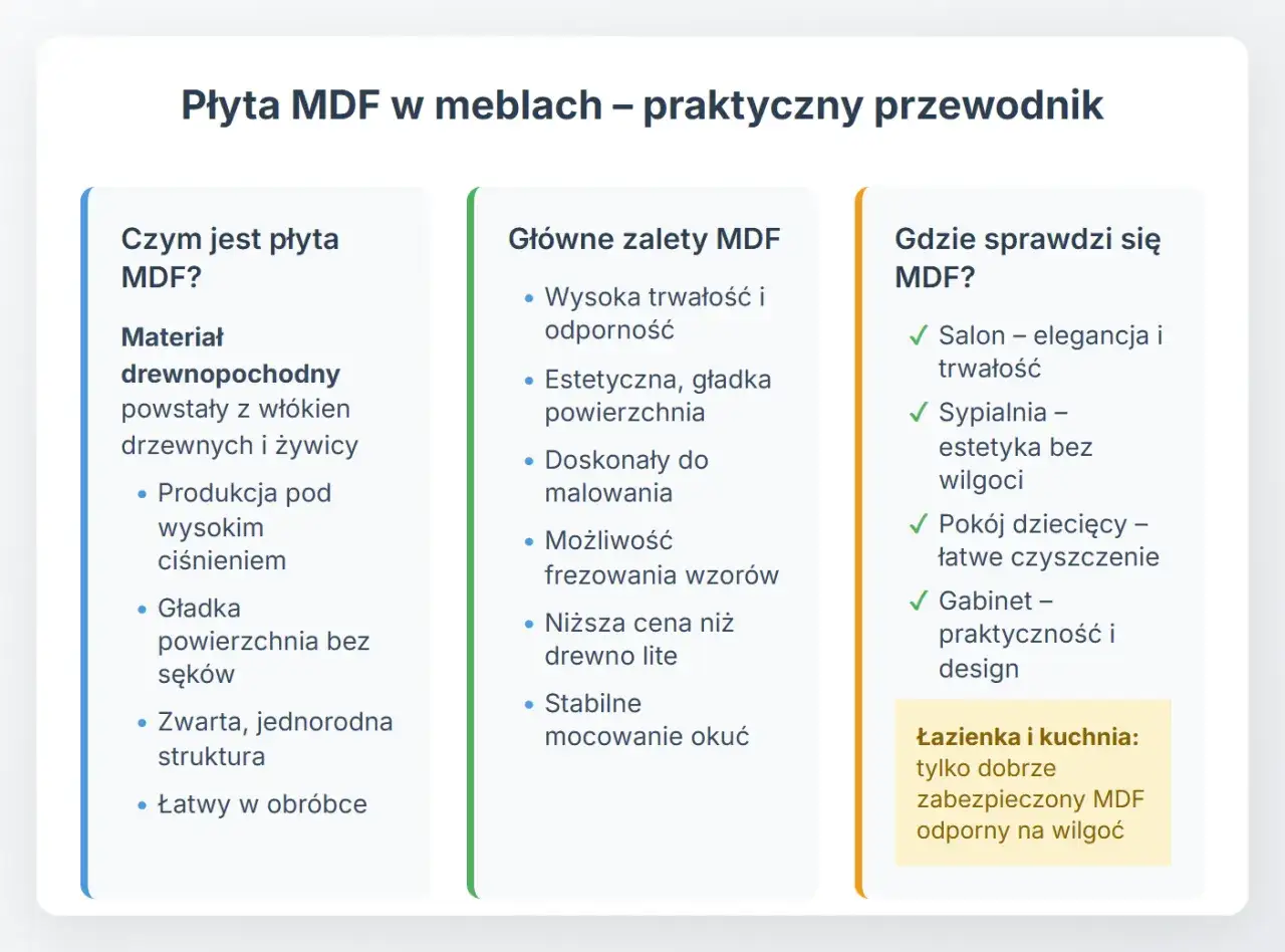 Płyta MDF w meblach: materiał drewnopochodny, jego zalety i zastosowania. Idealny do salonu, sypialni, pokoju dziecięcego i gabinetu.