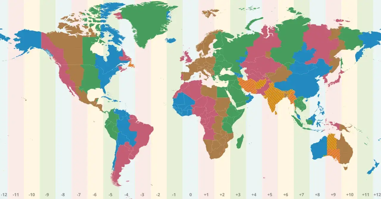 Mapa świata pokazuje, ile jest stref czasowych w Australii. Kontynent jest podzielony na trzy główne strefy: UTC+8, UTC+9:30 i UTC+10.