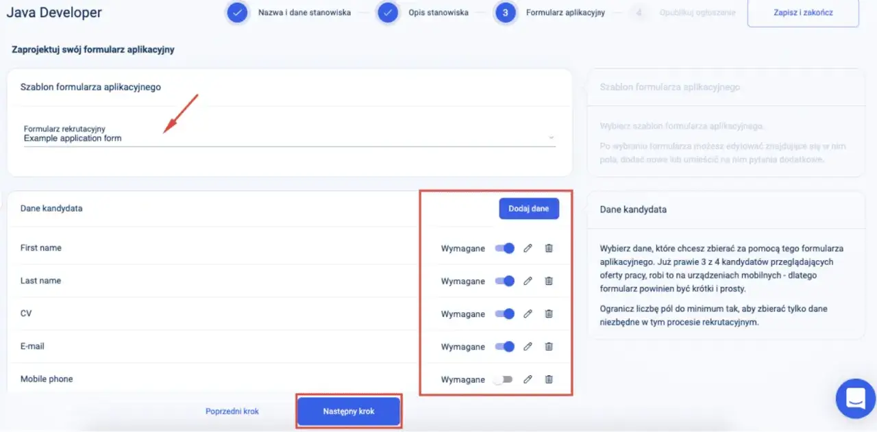 Projektowanie formularza aplikacyjnego: wybór szablonu, dodawanie danych kandydata (imię, nazwisko, CV, e-mail, telefon) i ustawianie ich jako wymagane.