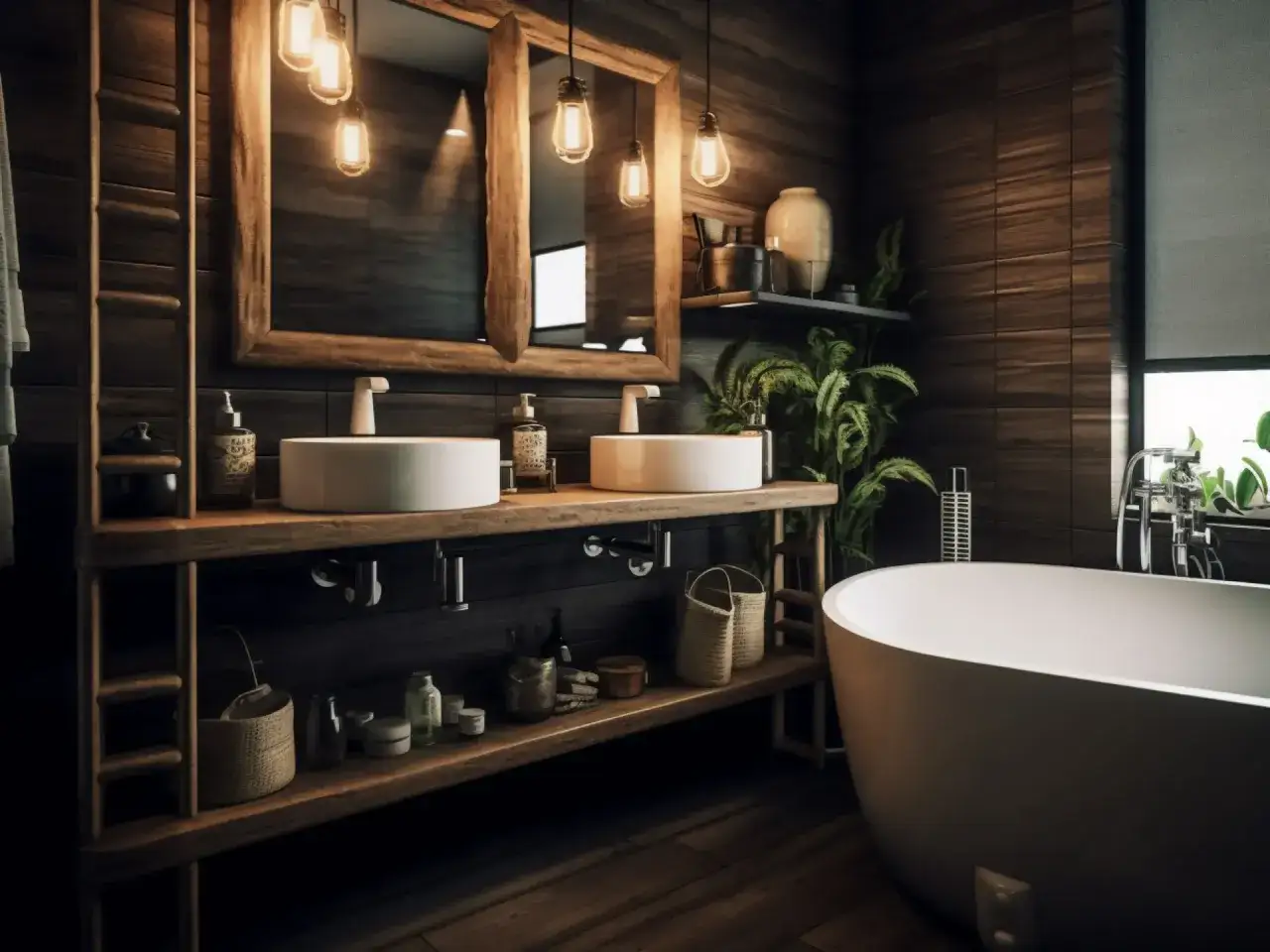 Drewniana łazienka z dwoma umywalkami i wanną. Ciepłe, wiszące żar&oacute;wki tworzą przytulną atmosferę, idealną do relaksu. Jakie oświetlenie do łazienki? To jest inspiracja!