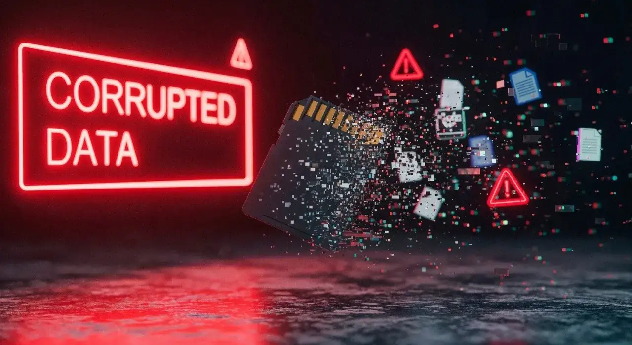 Karta pamięci rozpada się na piksele, a obok świeci neon 