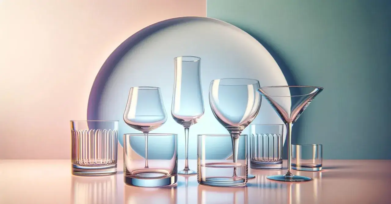 Różnorodne kieliszki do drinków, od niskich szklanek po eleganckie kieliszki koktajlowe, ustawione na błyszczącym blacie.