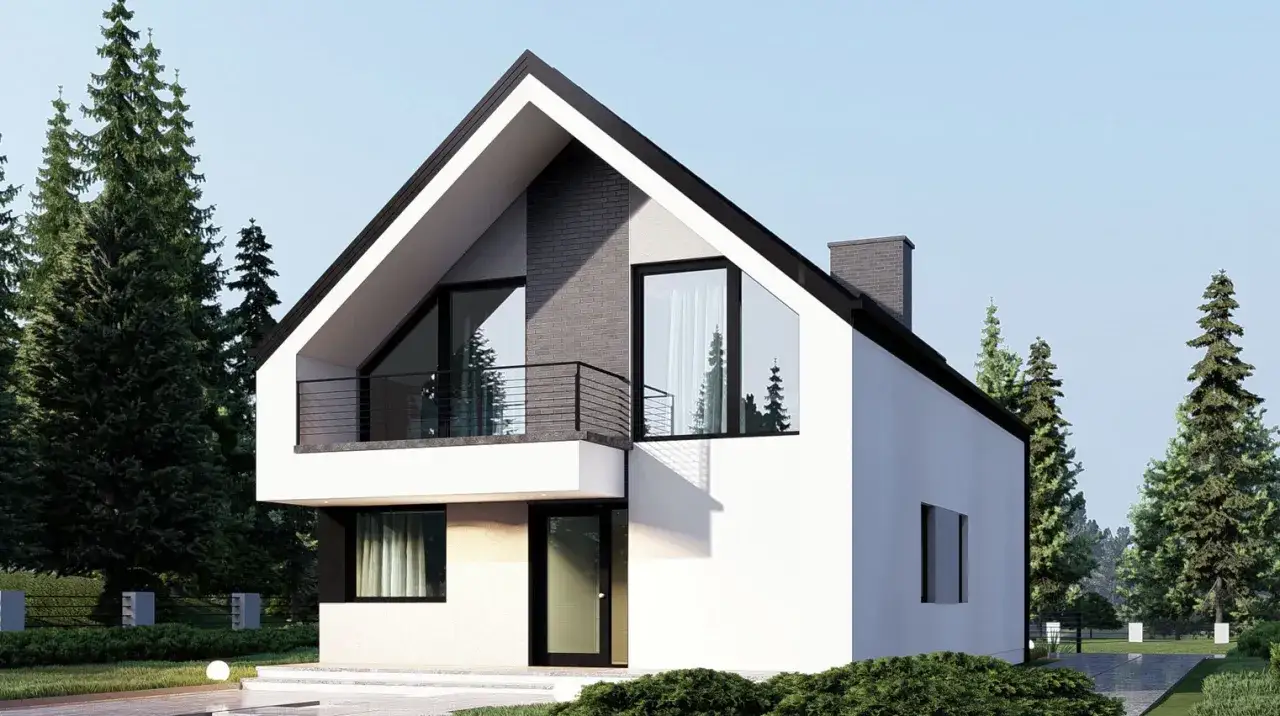 Nowoczesny dom z dużymi oknami, otoczony sosnami. Idealne miejsce na jak duża działka pod budowę domu.